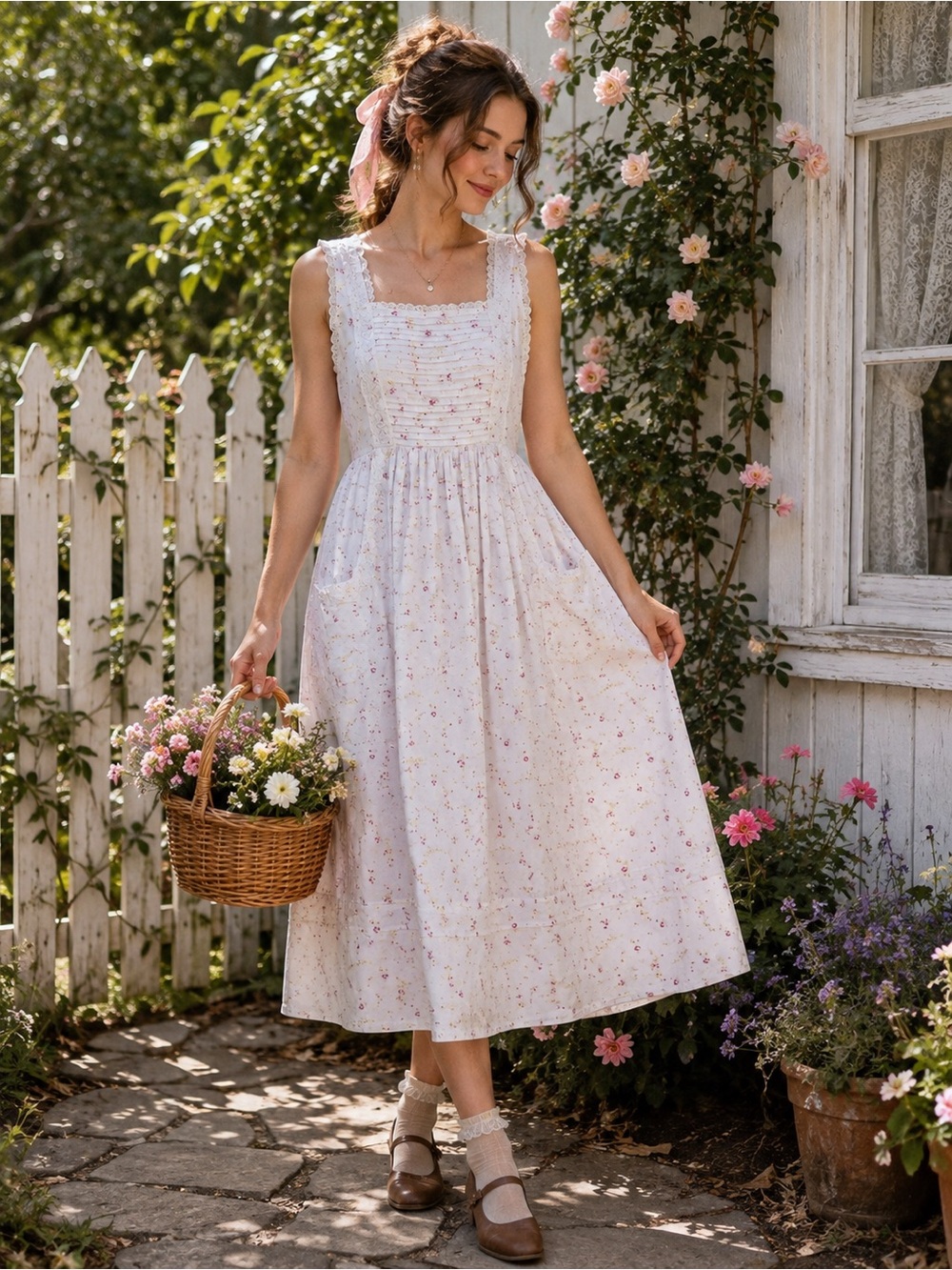 Cottagecore White Floral Cotton Midi Dress Size XL Lace Trim Prairie Romantic